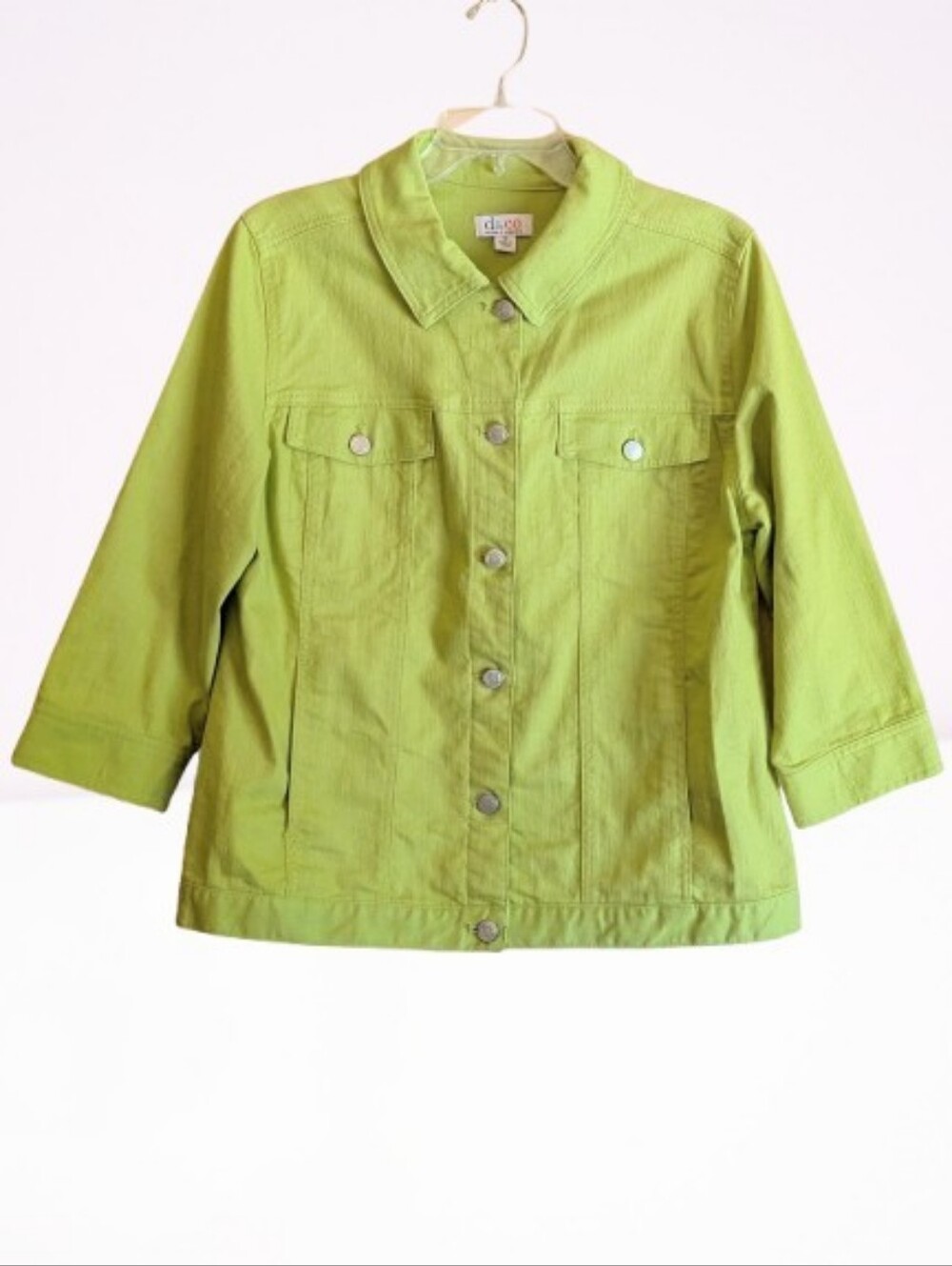 Denim & Co. Stretch Jean Jacket Bright Lime Green Pockets 3/4 Sleeves Size M